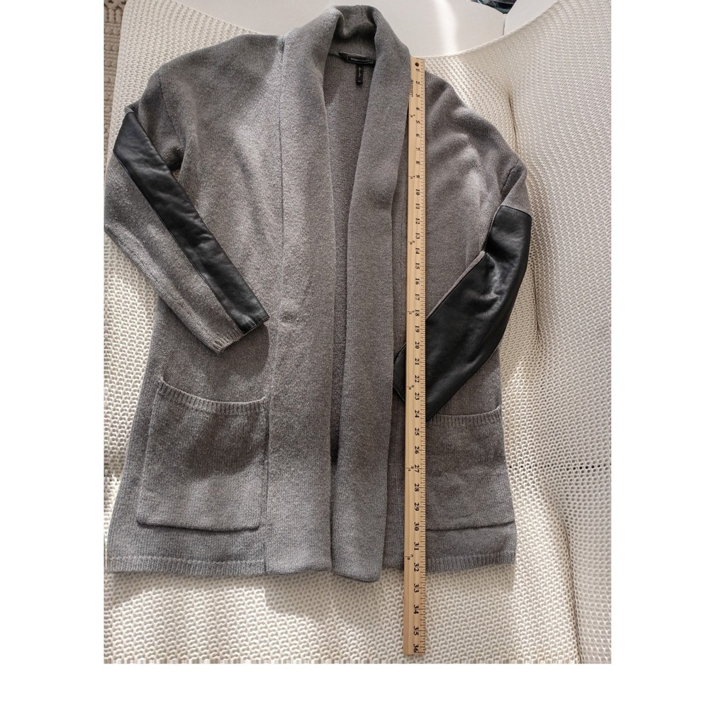 BCBGMAXAZRIA Gray Open Front Cardigan Faux Leather Sleeve Knit Sweater Fits S/M - Picture 5 of 10